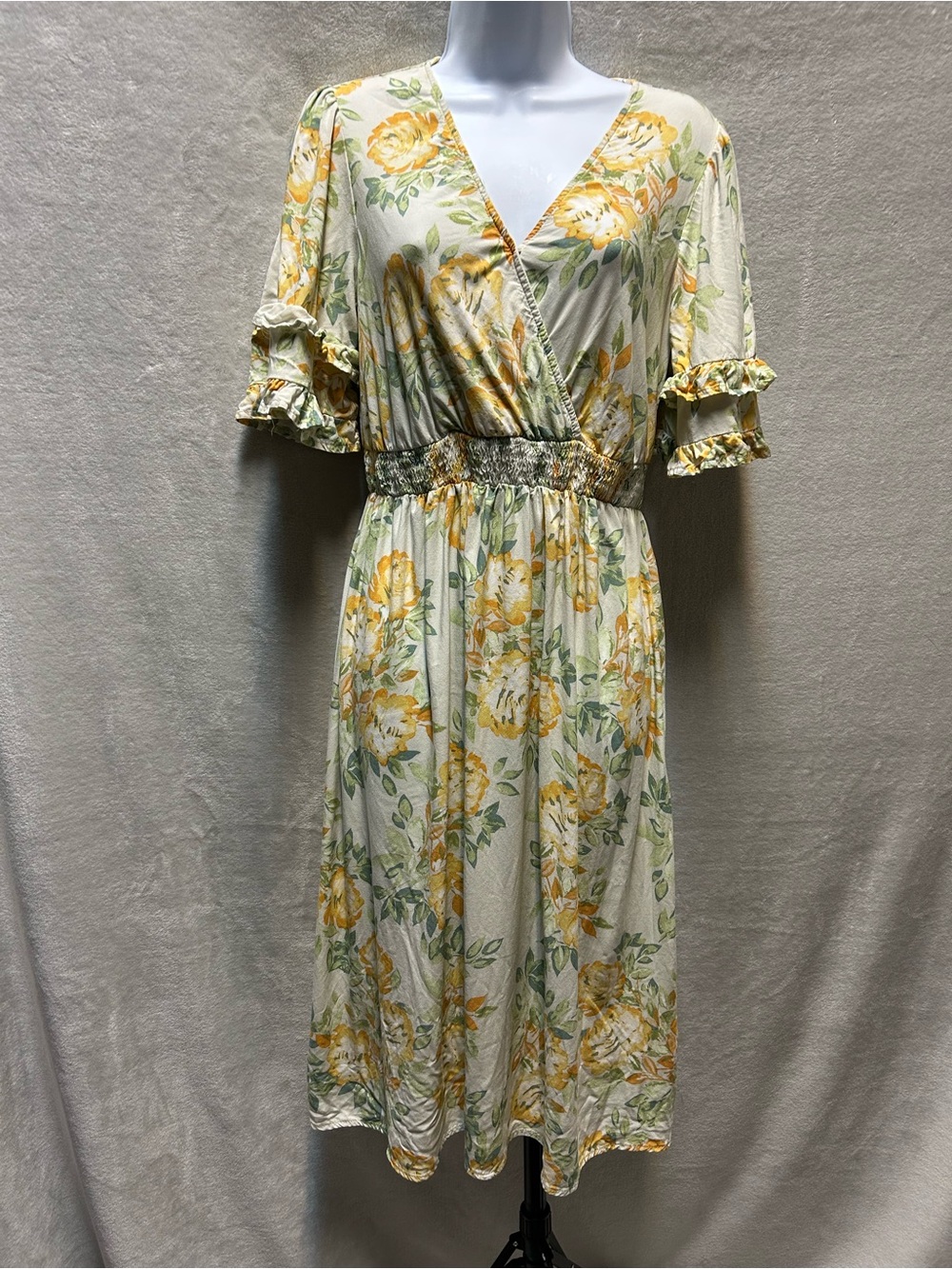Luxology Cream Midi Dress with Yellow Floral Print